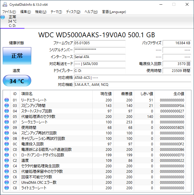 CrystalDiskInfo-8.13.0-x64を起動した画面の例です。