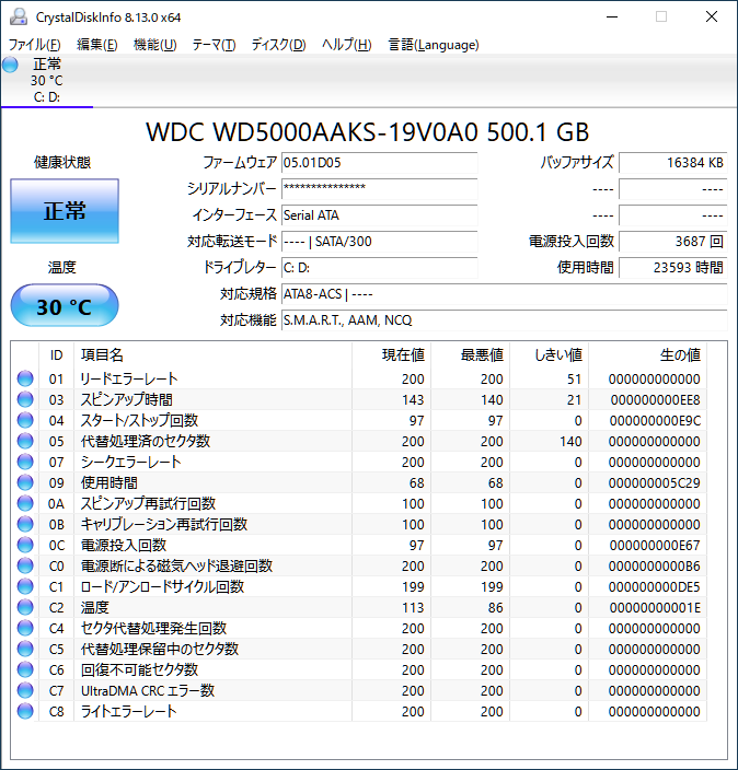 「CrystalDiskInfo 8.13.0 x64」で表示されたHDD(WD5000AAKS)の情報です。
