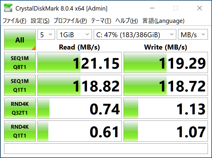 HDD(型番:WD5000AAKS)にディスク クリーンアップを実行後の「CrystalDiskMark 8.0.4 x64」での測定結果