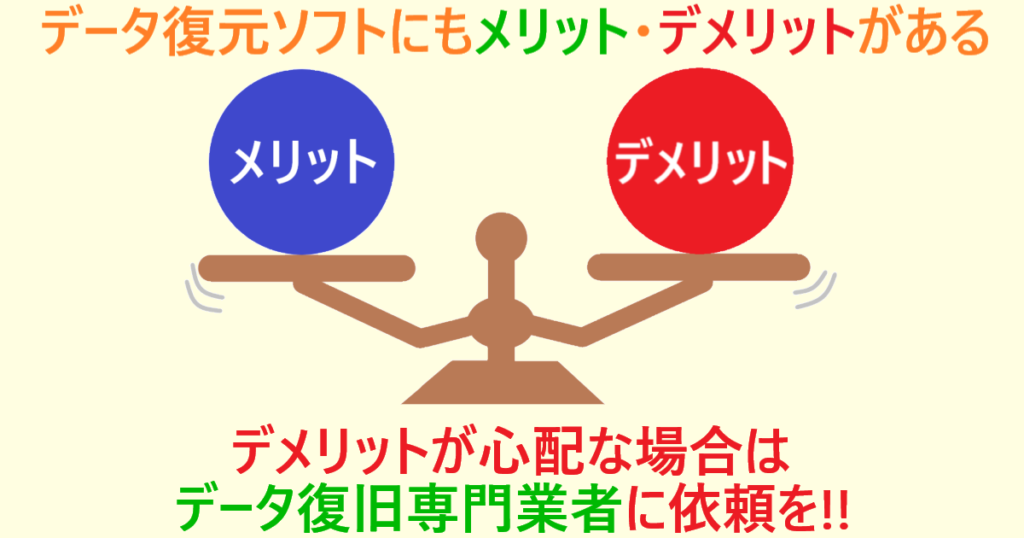 「データ復元ソフトのメリットとデメリット」」のイラスト