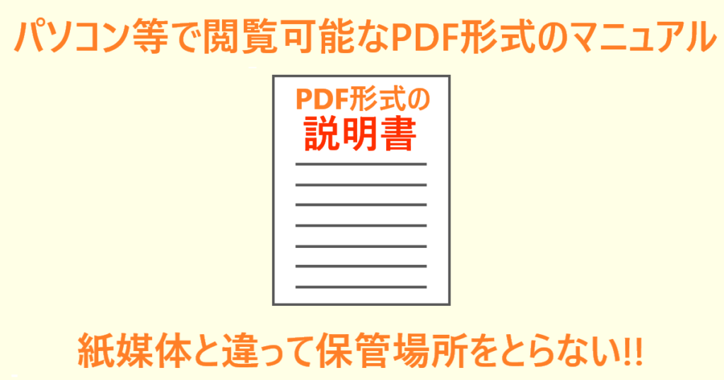 「PDFファイルのマニュアルは紙媒体と違って保管場所をとらない」イラスト