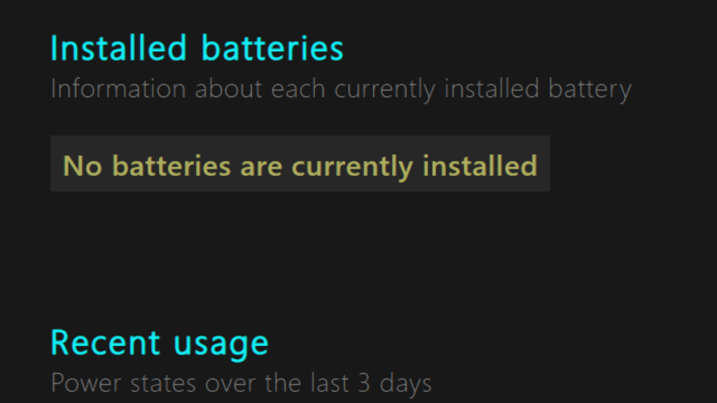 バッテリー寿命レポートの「No batteries are currently installed」表示部分を拡大した画面