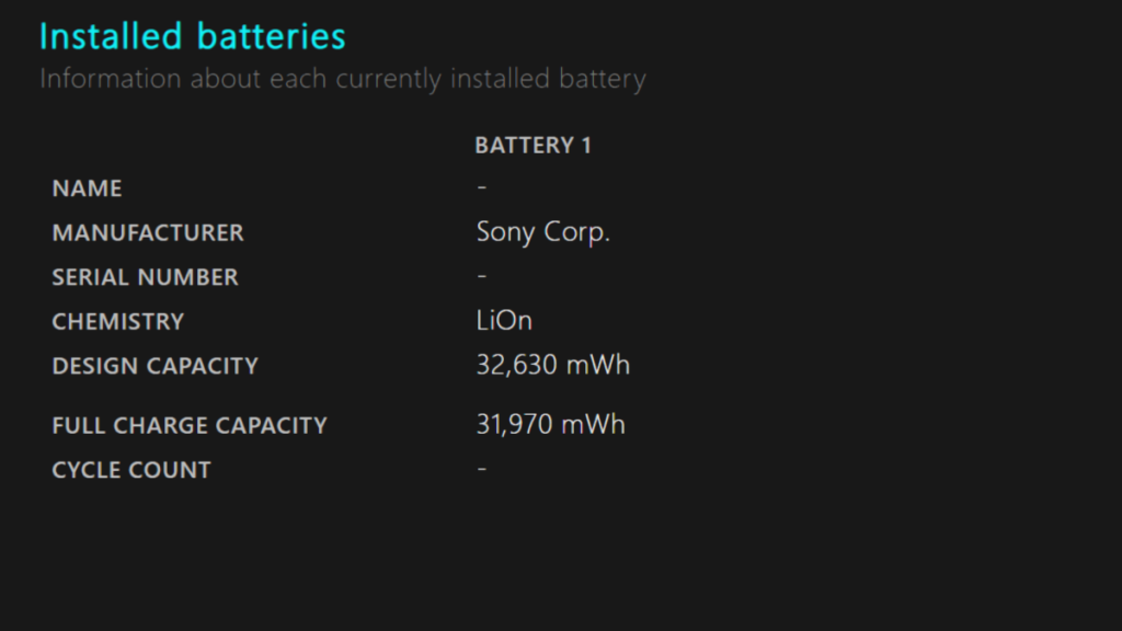 バッテリー寿命レポートの、DESIGN CAPACITYとFULL CHARGE CAPACITY表示部を拡大した画面