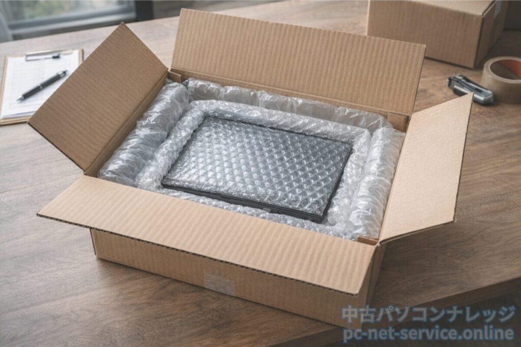ノートパソコンの丁寧な梱包イメージ
